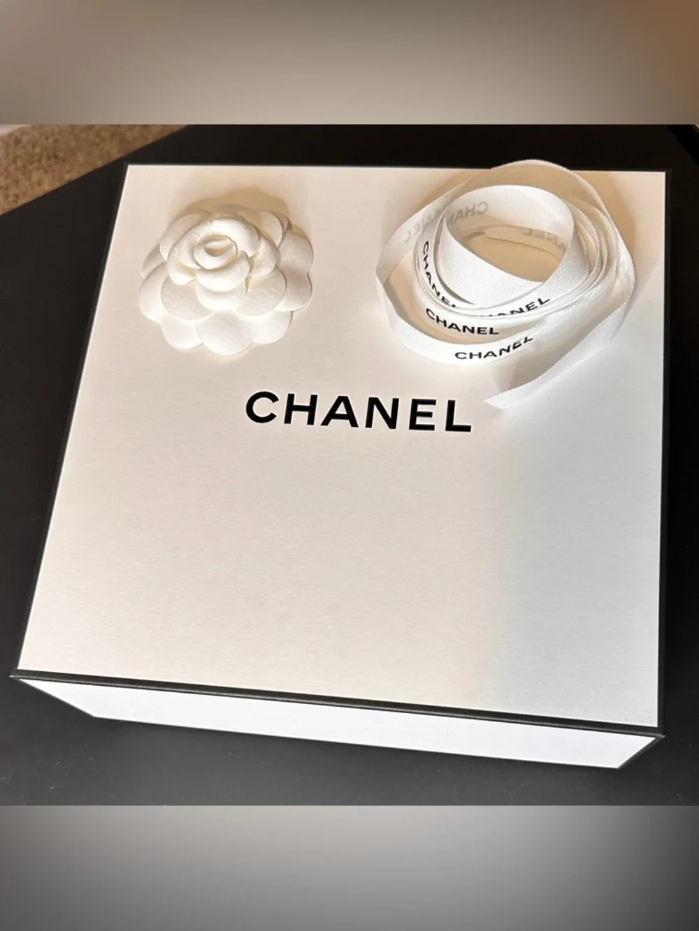 CHANEL Large Storage Gift Display Box with Camellia + Logo Ribbon. White & Black